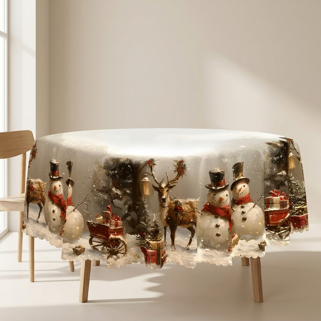 Nappe de Noël avec bonshommes de neige et renne