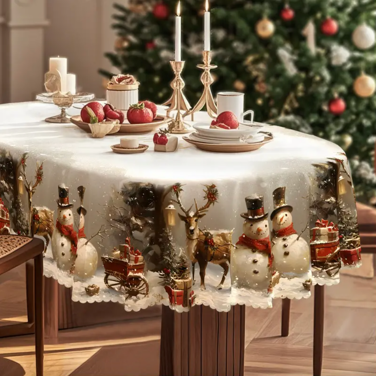 Nappe de Noël avec bonshommes de neige et renne