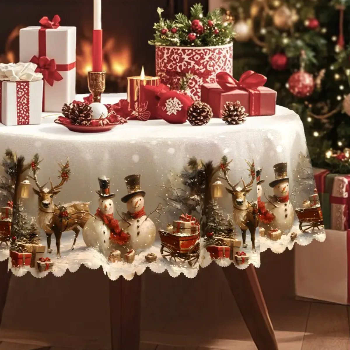 Nappe de Noël avec bonshommes de neige et renne