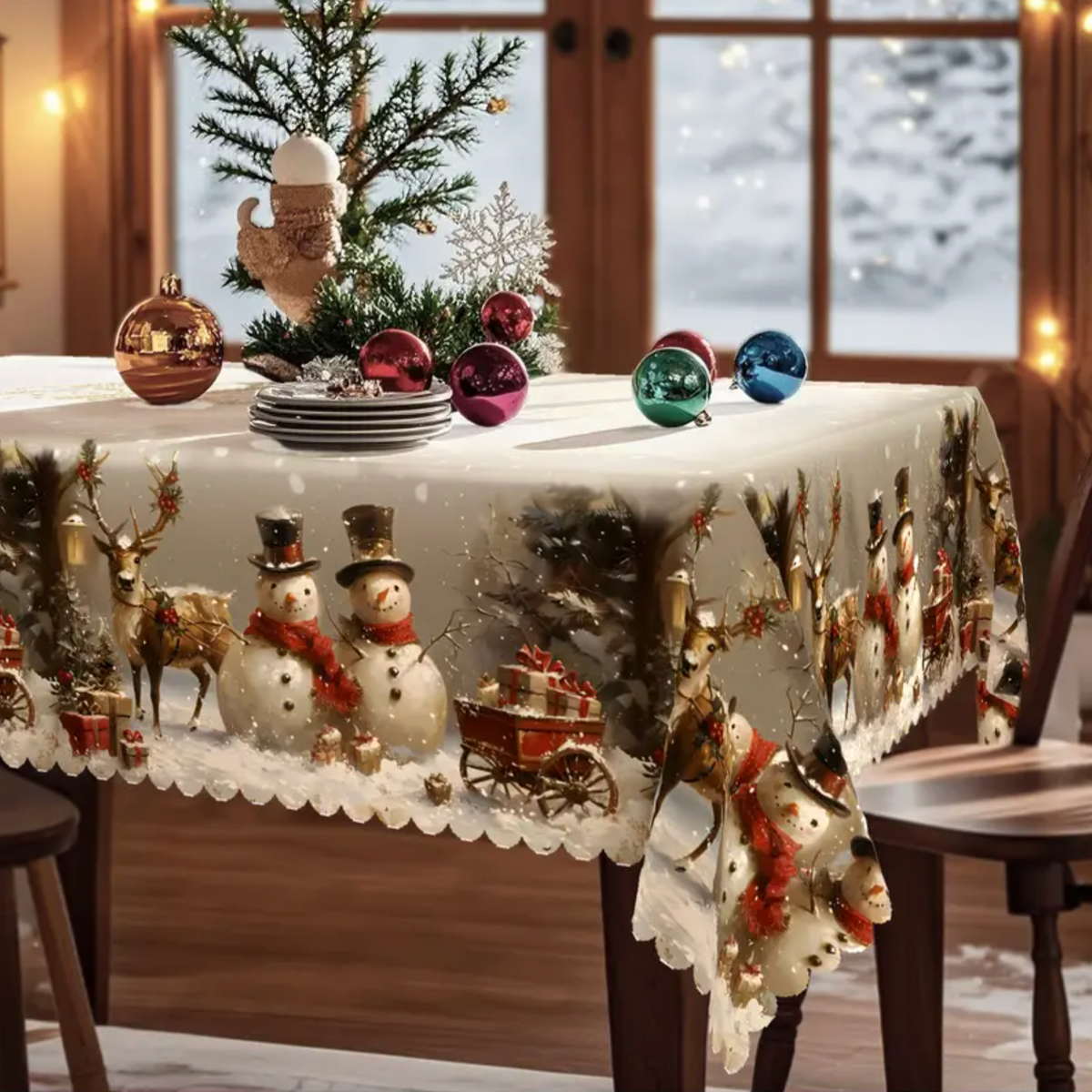 Nappe de Noël avec bonshommes de neige et renne