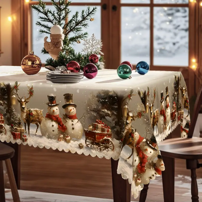 Nappe de Noël avec bonshommes de neige et renne