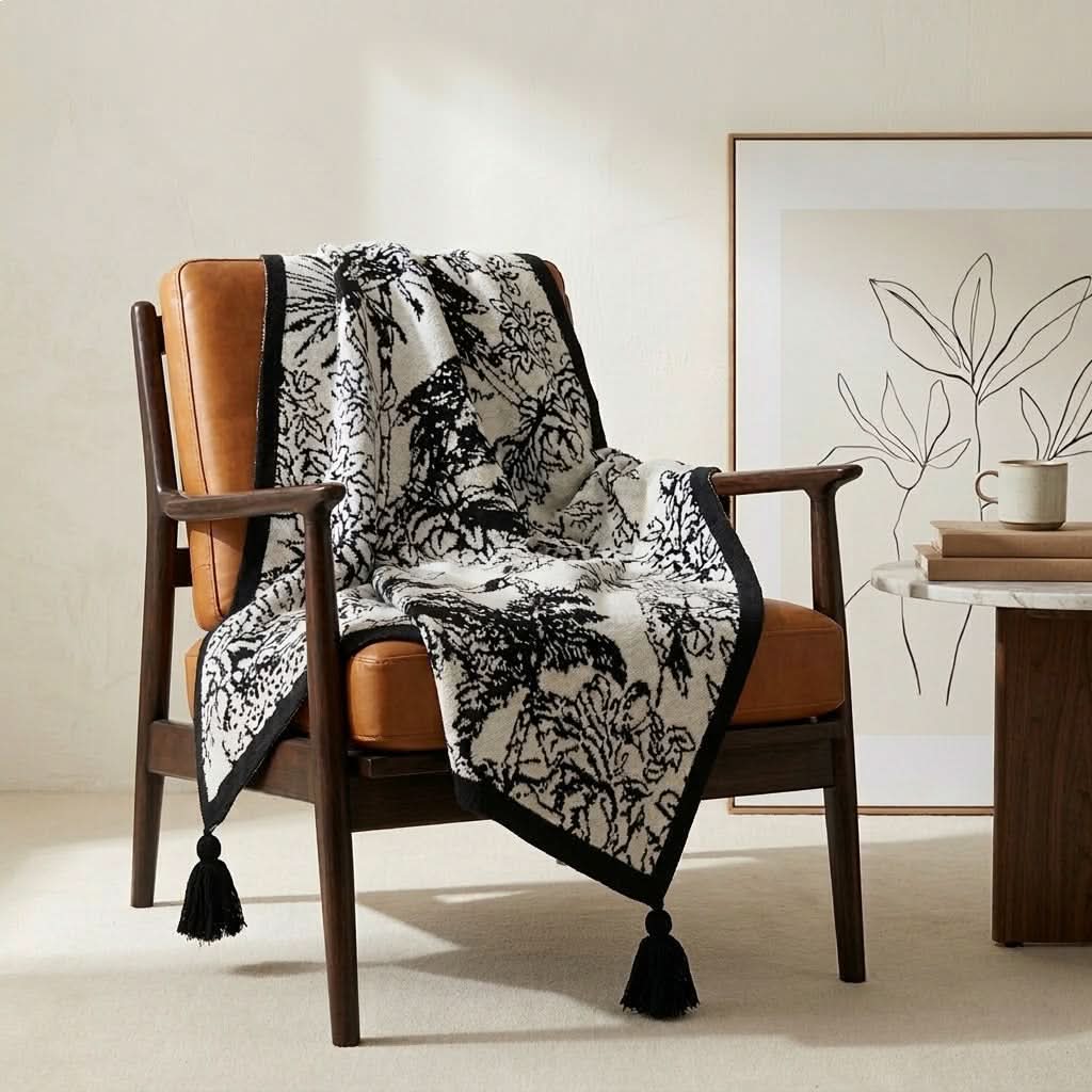 Couverture tricotée avec des fleurs et des oiseaux