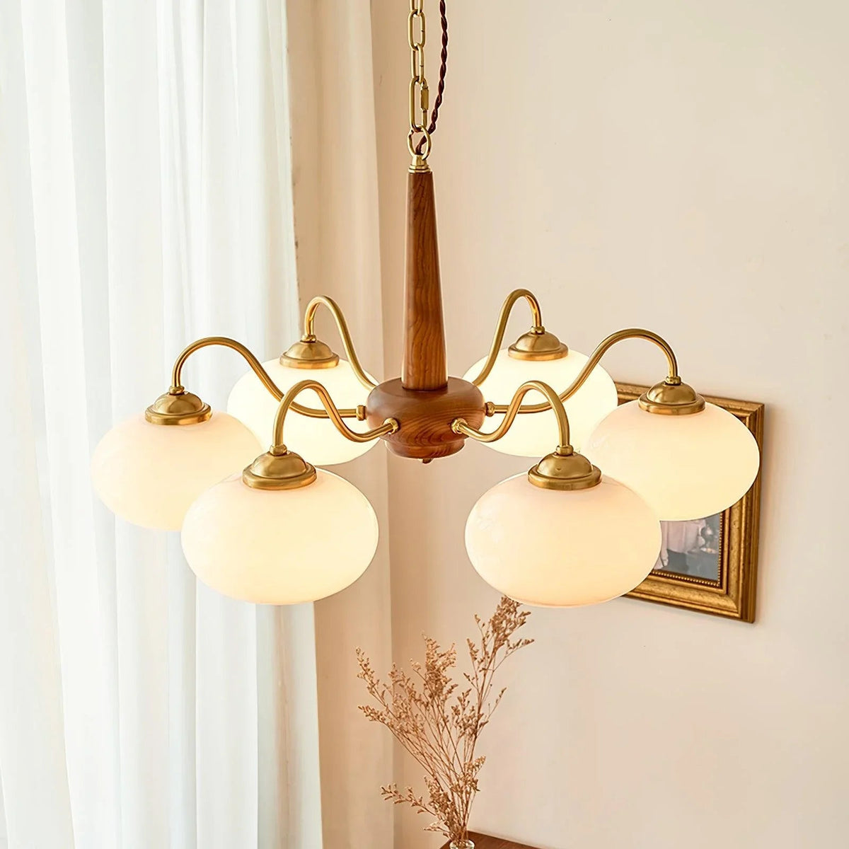 Wooden chandelier with glass shades