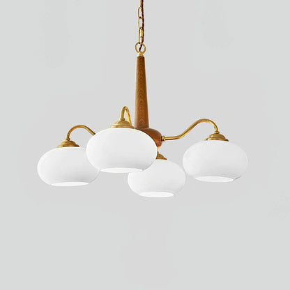 Wooden chandelier with glass shades