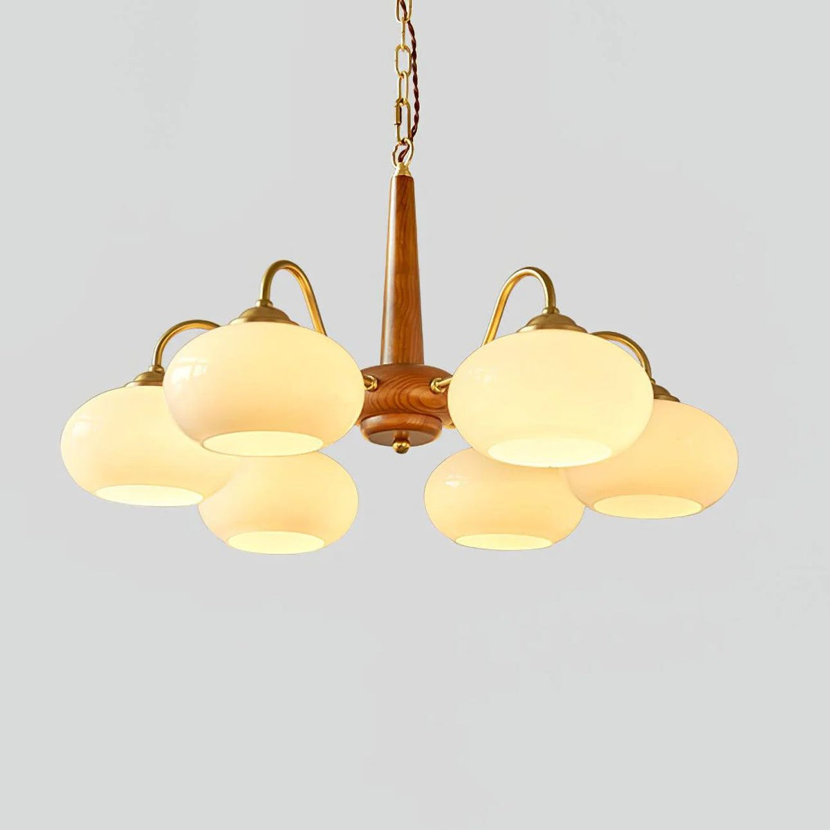 Wooden chandelier with glass shades