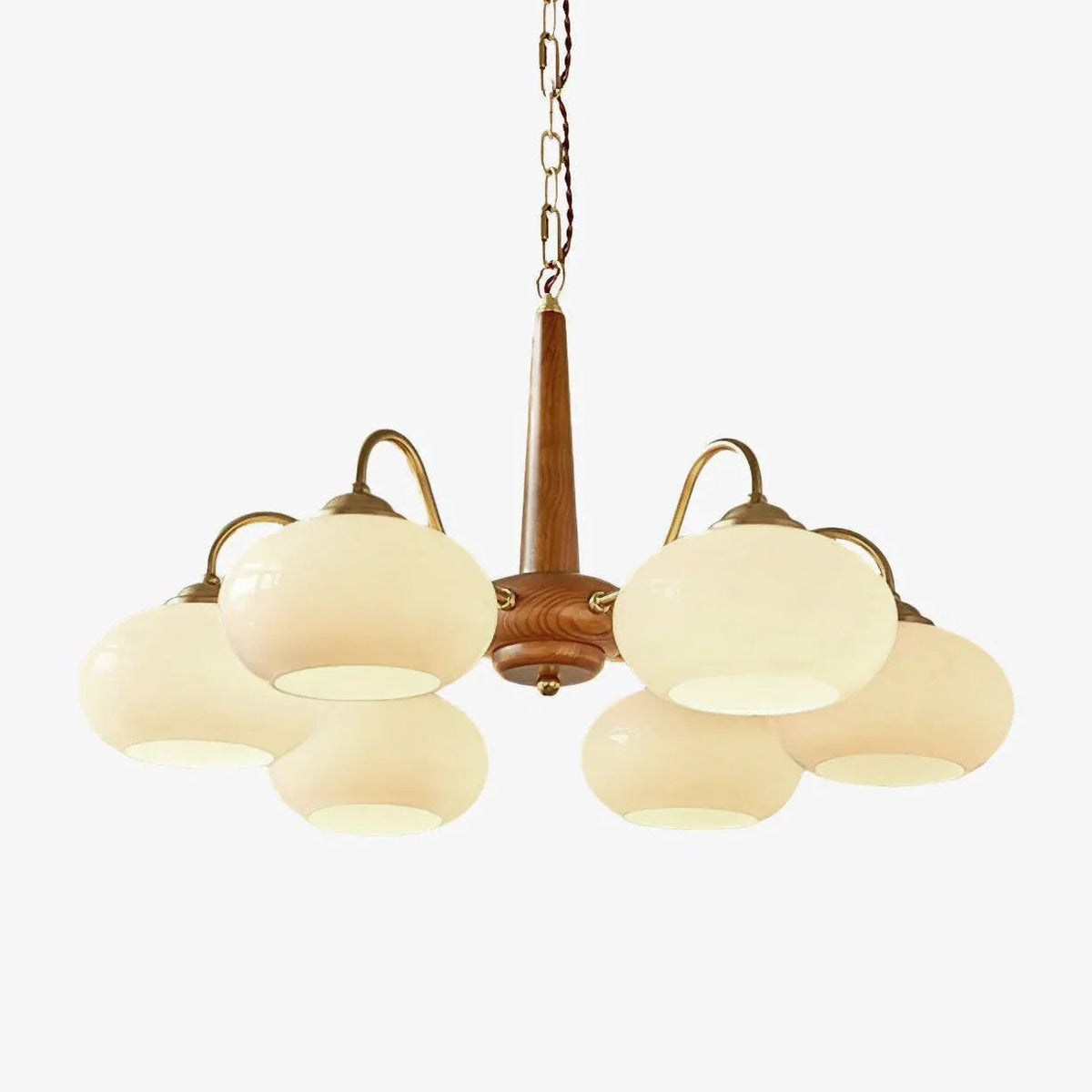 Wooden chandelier with glass shades