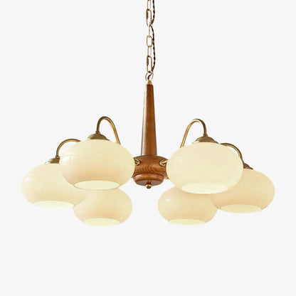 Wooden chandelier with glass shades