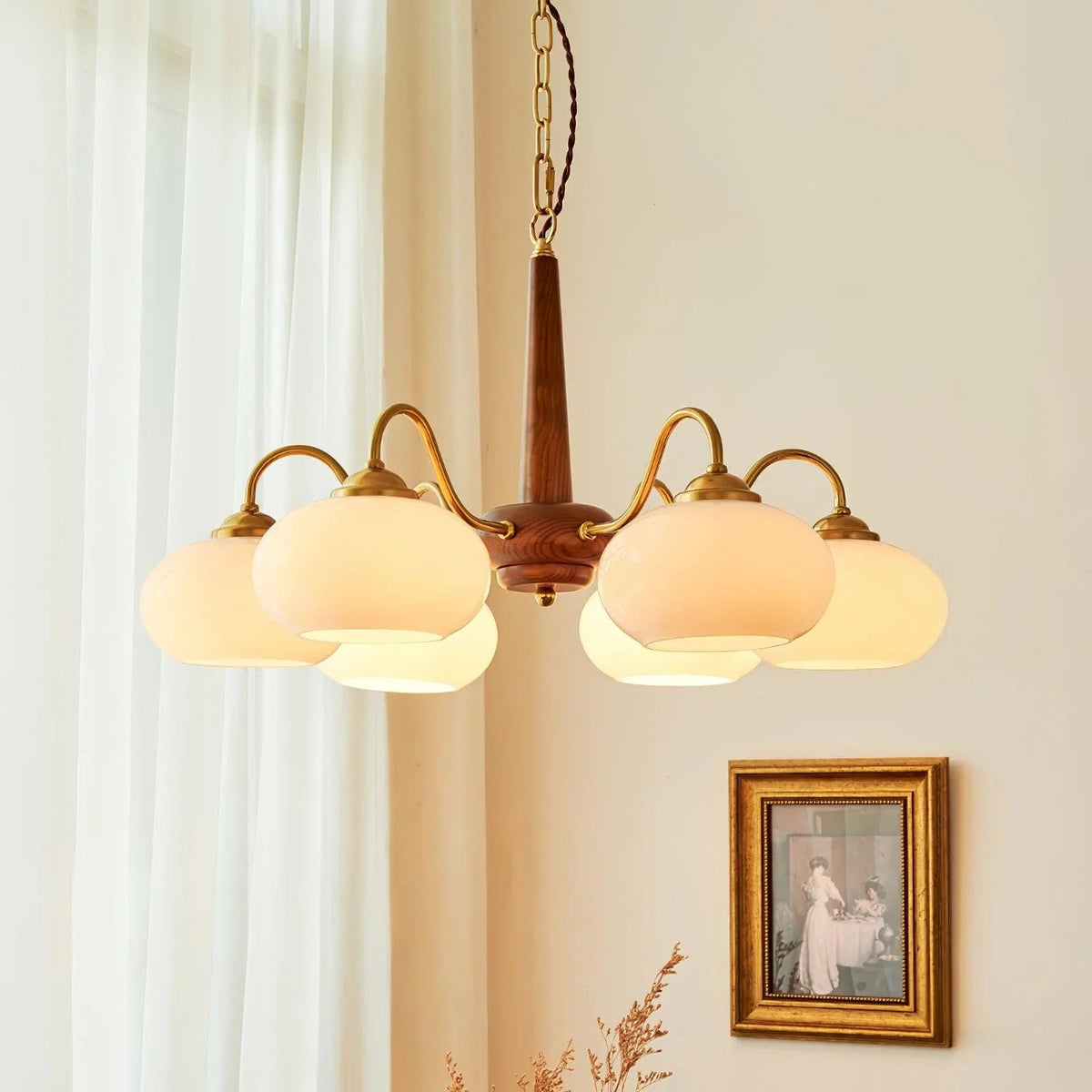 Wooden chandelier with glass shades