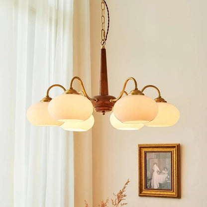 Wooden chandelier with glass shades