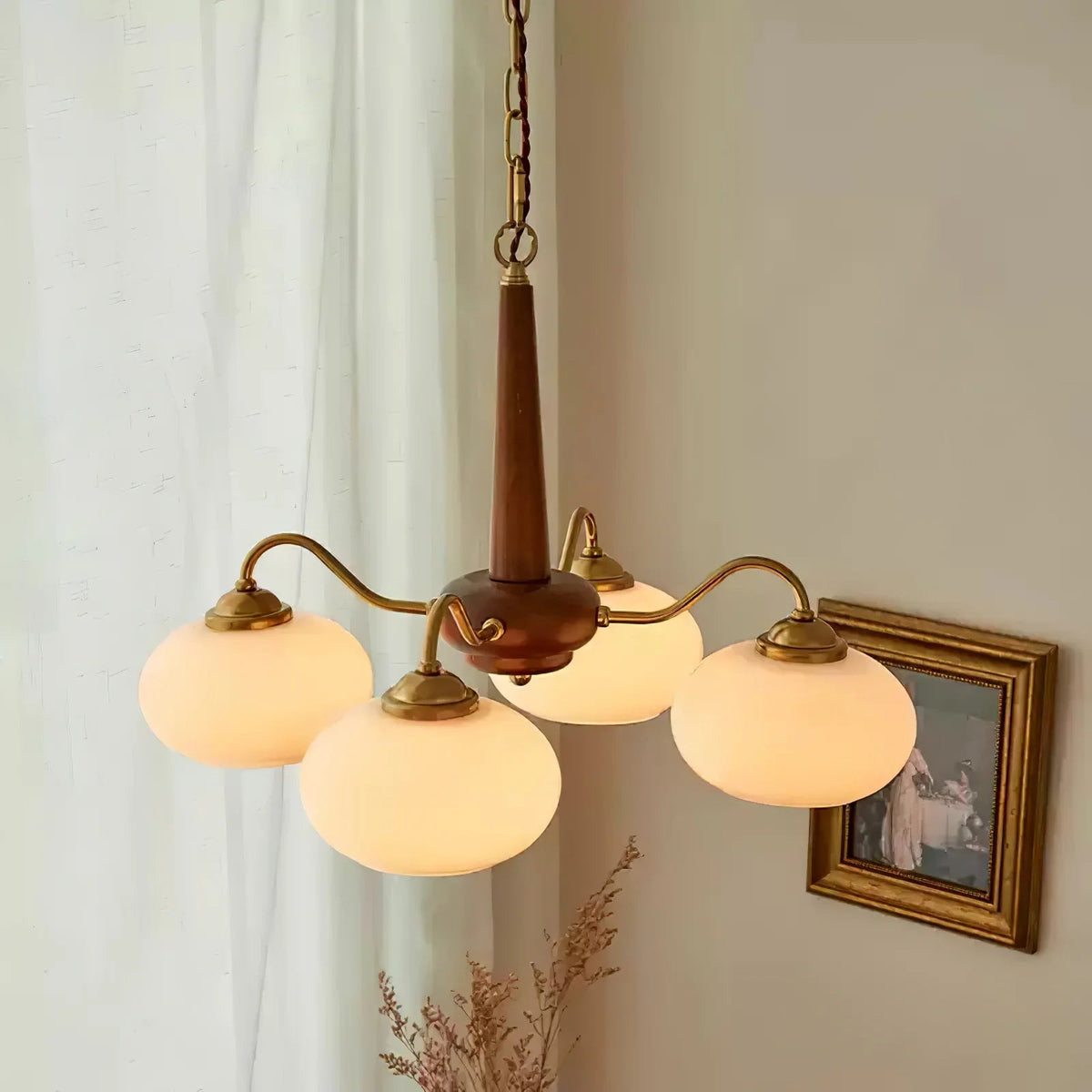 Wooden chandelier with glass shades