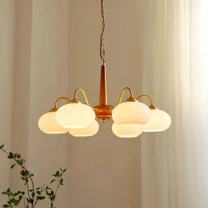 Wooden chandelier with glass shades