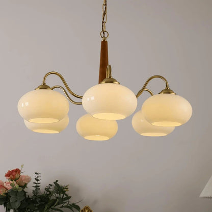 Wooden chandelier with glass shades