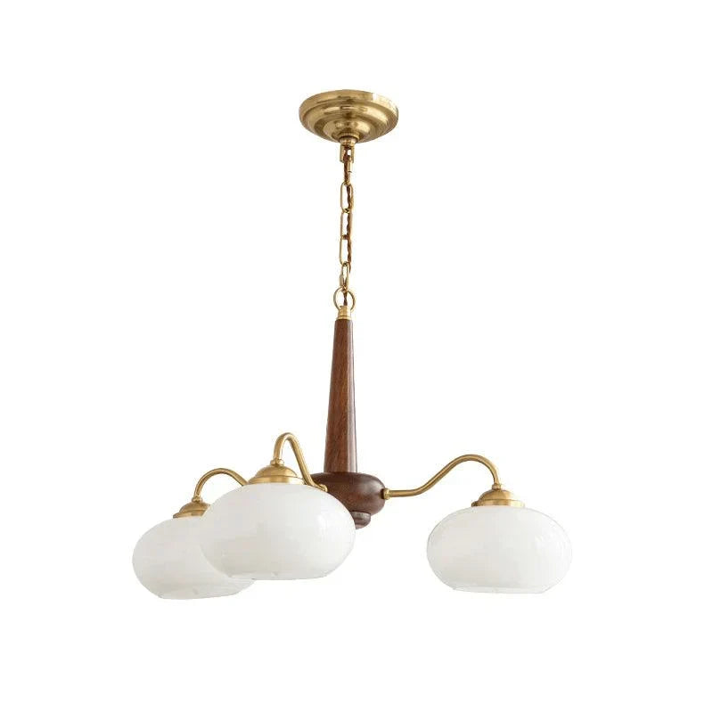 Wooden chandelier with glass shades