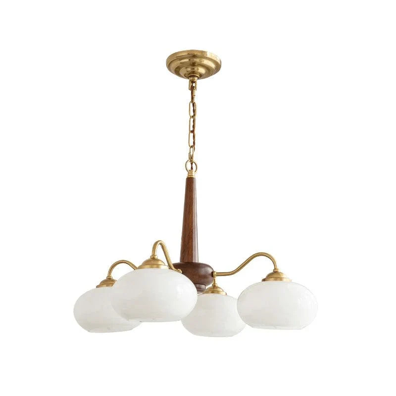 Wooden chandelier with glass shades