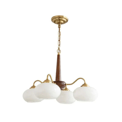 Wooden chandelier with glass shades
