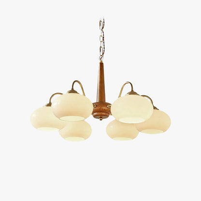 Wooden chandelier with glass shades